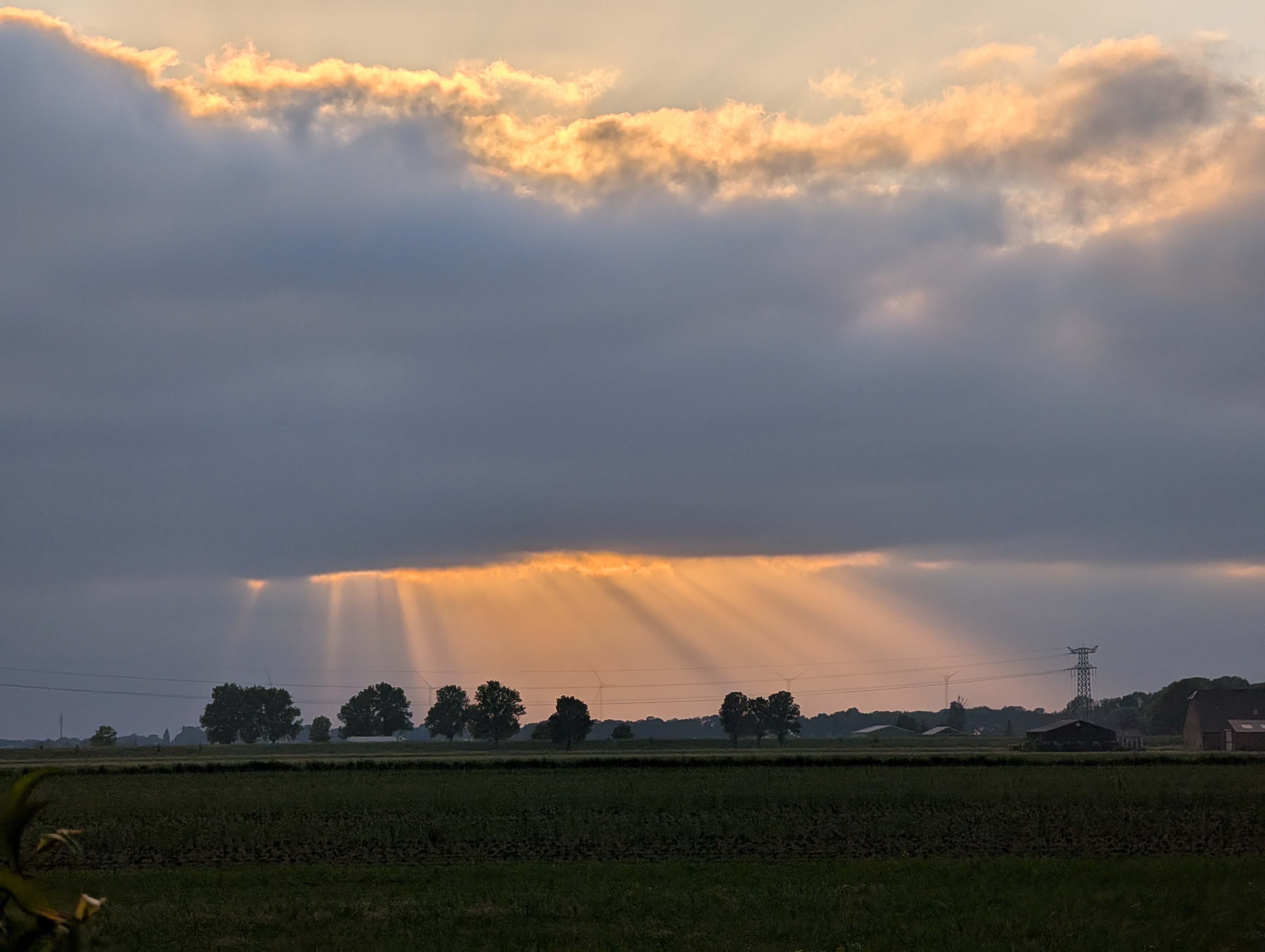 Dramatic sunset with golden light rays over Dutch polder farmland
