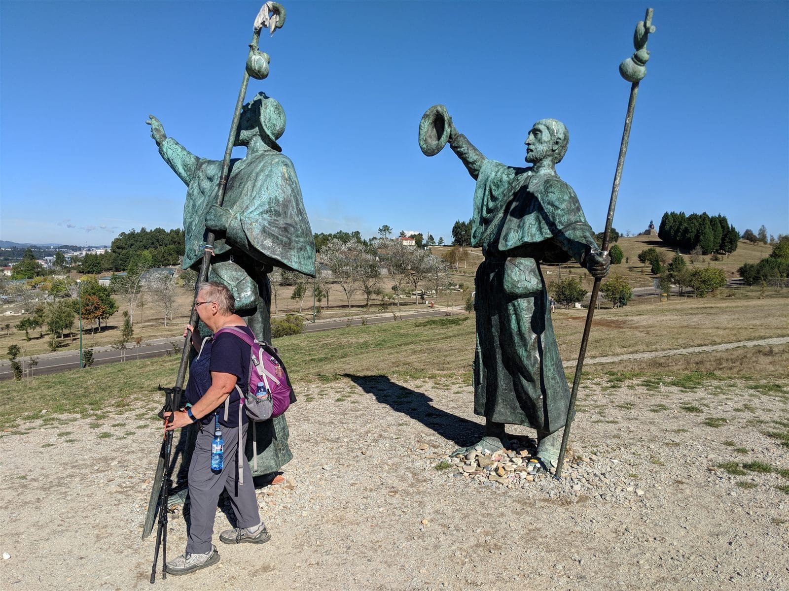 Mike's mom at the Monte do Gozo pilgrim statues