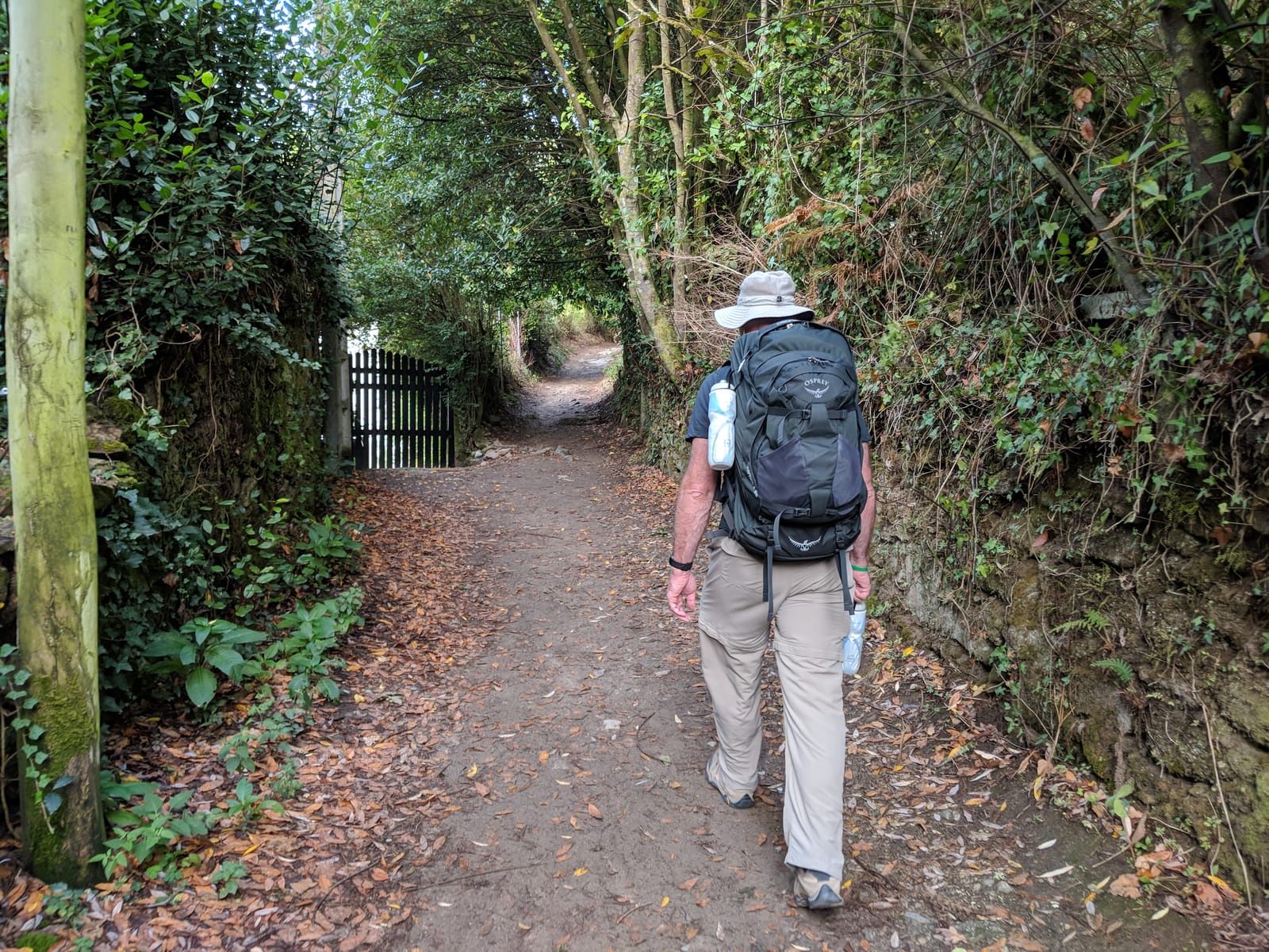 Doug walking a wooded dirt path leaving Santiago