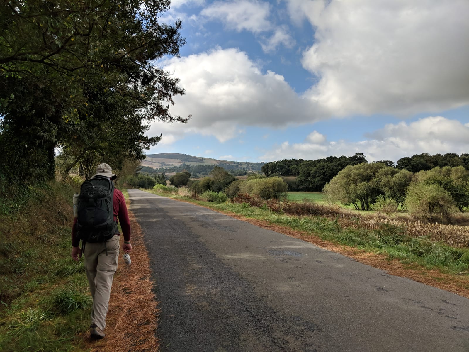 Doug on a paved country road with green hills and a big cloudy sky ahead
