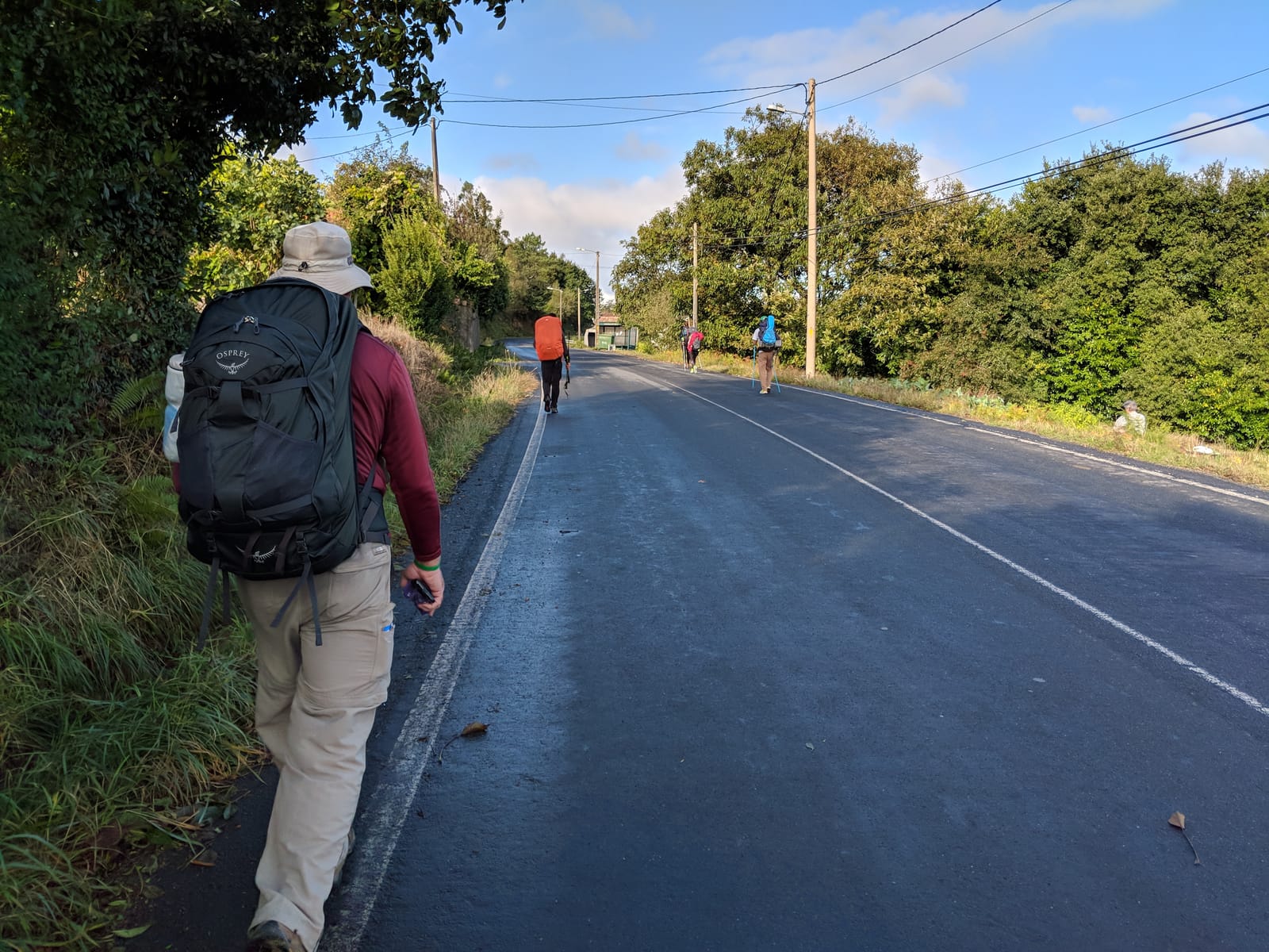 Doug and several other pilgrims with packs walking along a country road