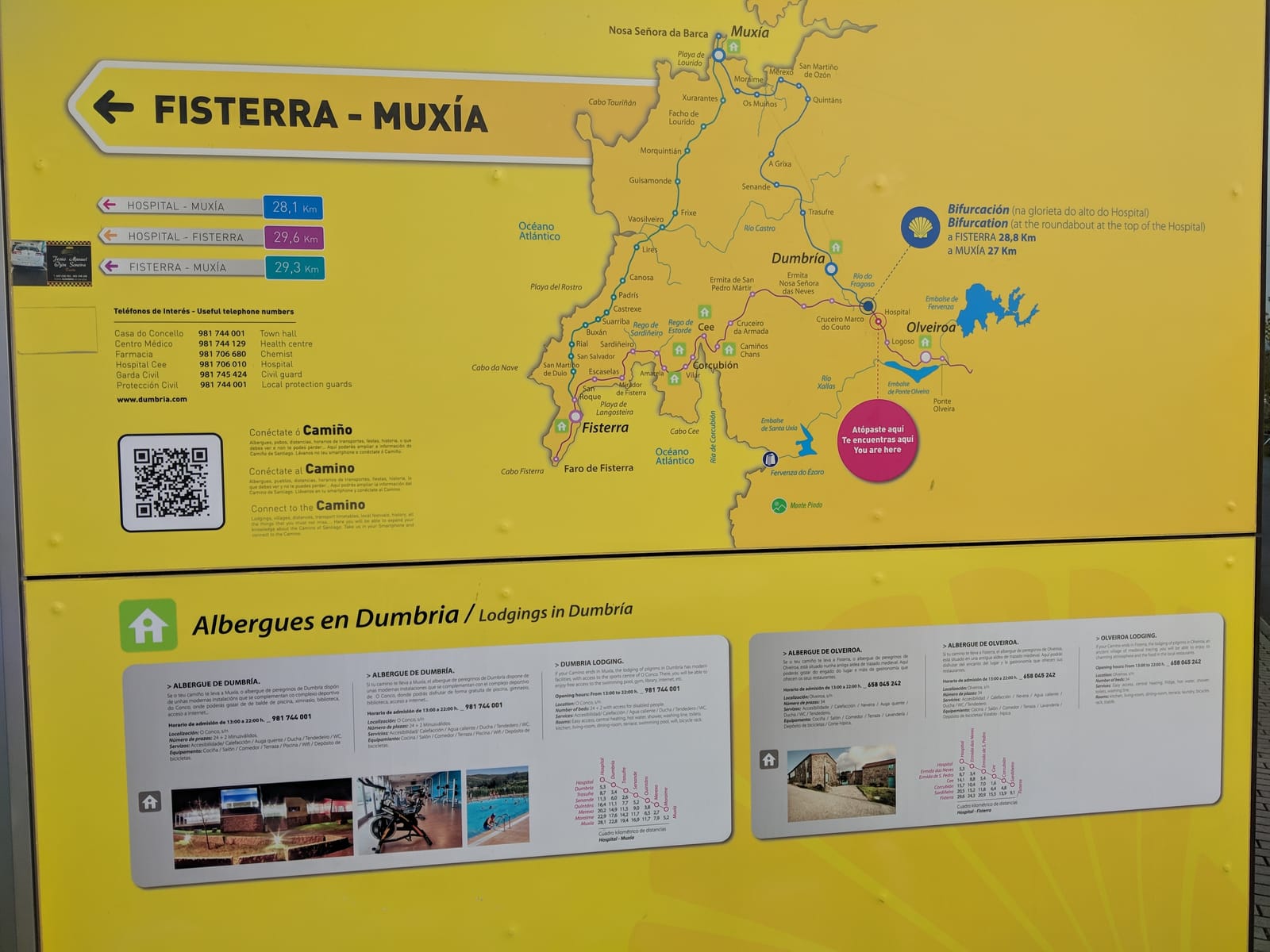 A large yellow Camino information board titled Fisterra - Muxía showing the route split