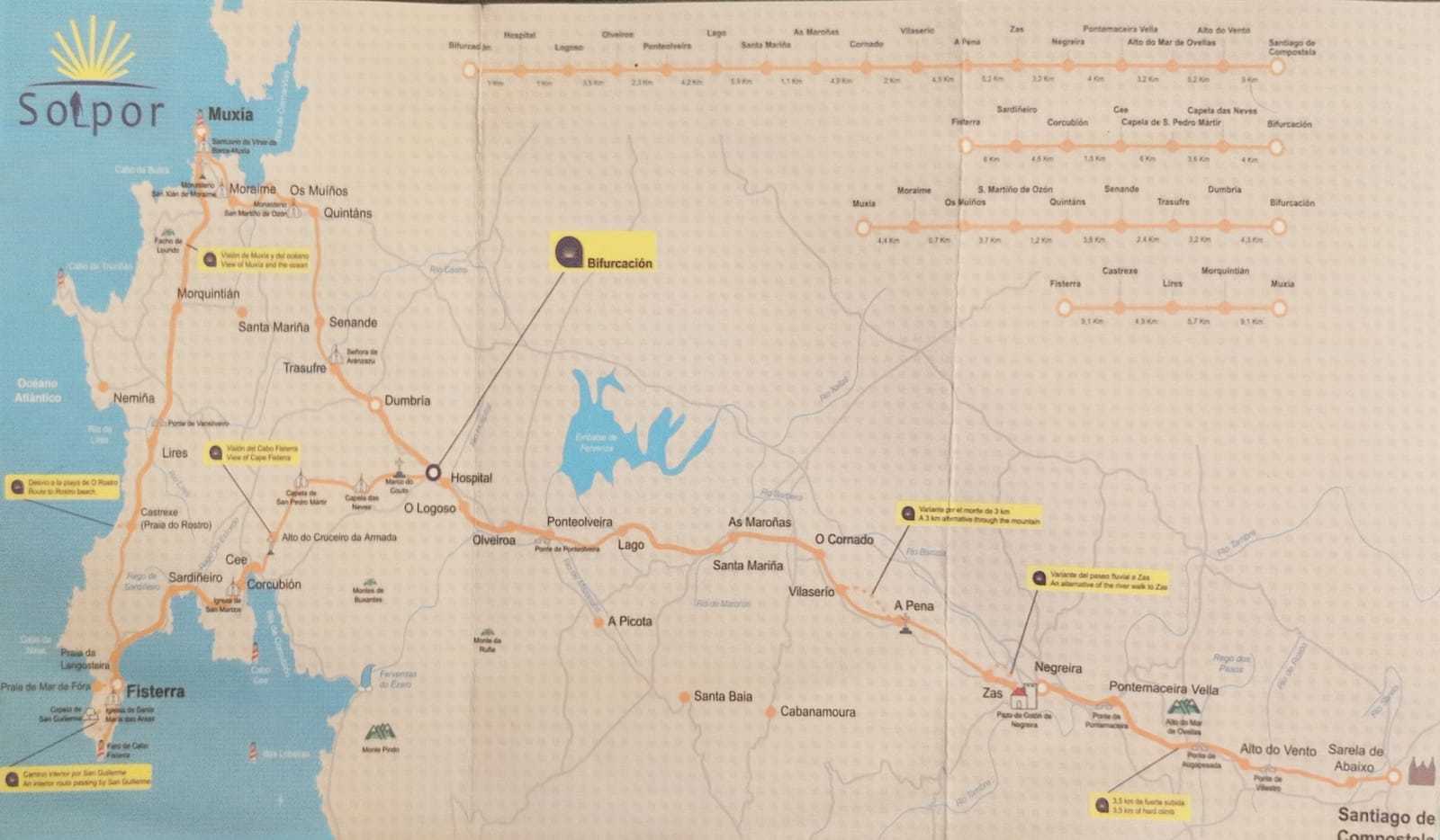 Route map of the Camino from Santiago to Fisterra and Muxía