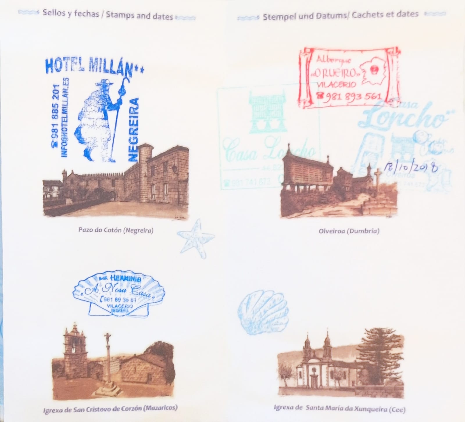 A page of pilgrim credential stamps
