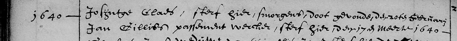 Two lines of a death register headed 1640, the second reading Jan Gillisz passement wercker, sterf hier, den 17en Maert 1640