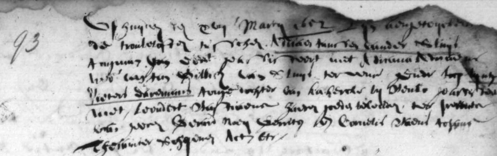 A cramped, faded register entry from March 1652, folio 93, with two names underlined