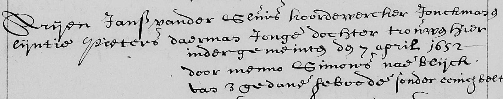 A handwritten marriage entry beginning Arijen Jansz vander Sluis koordewercker, with the date 7 april 1652