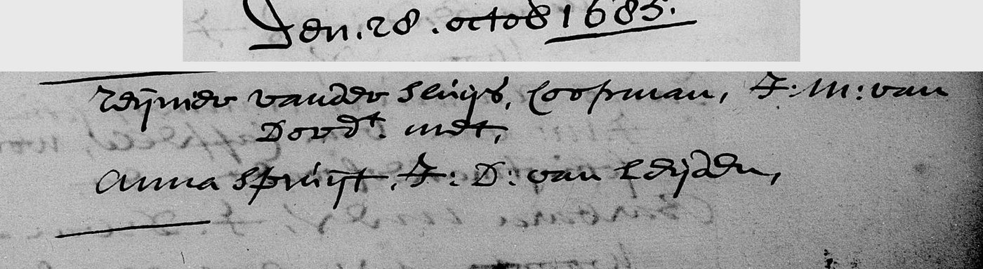 The heading Den 28 Octob. 1685 above a register entry for Reynier vander Sluys, coopman, and Anna Spruyt