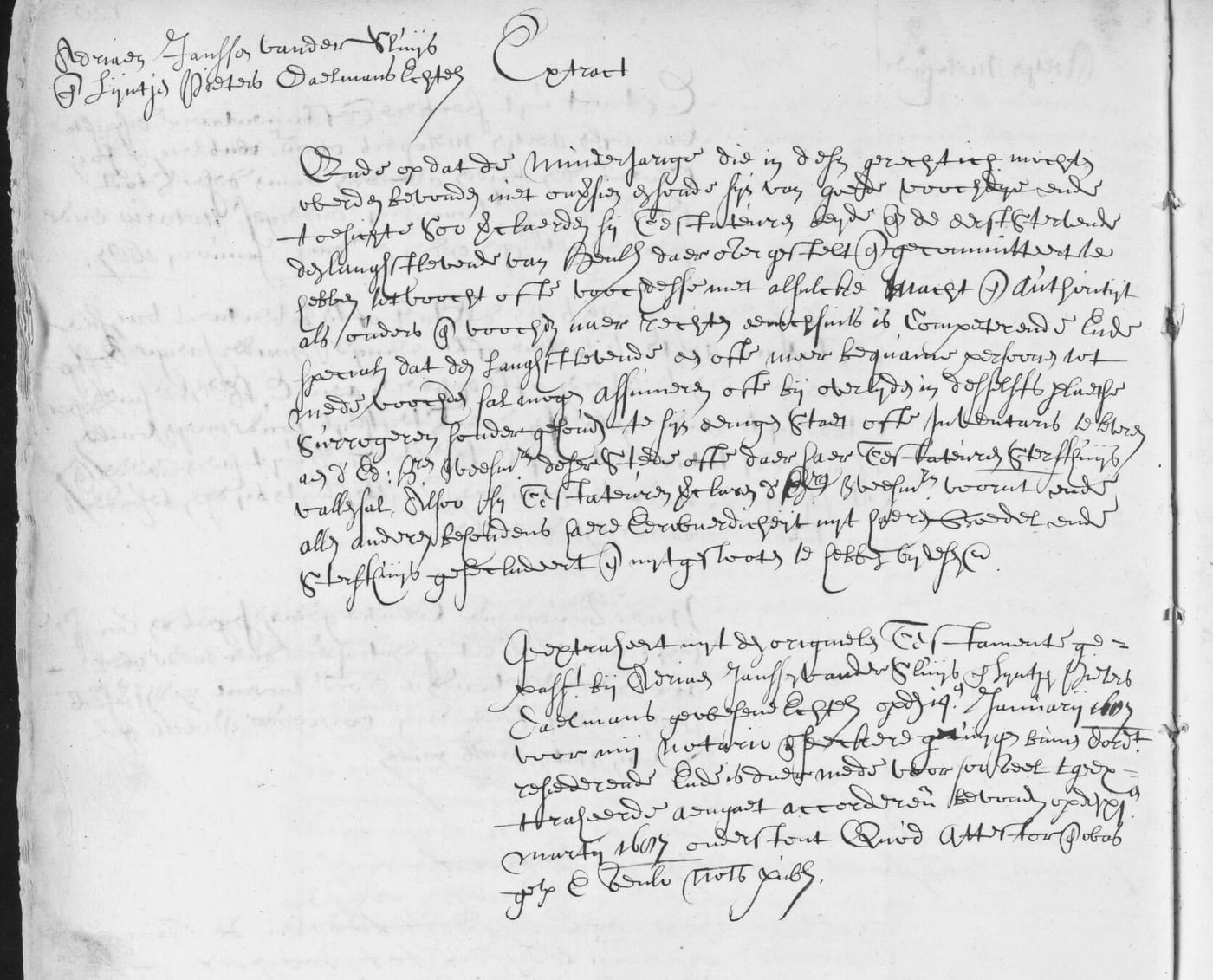 A page of an orphan-chamber register, headed with the names Adriaen Jansz. vander Sluijs and Lijntje Pieters Daelmans, echtelieden, followed by an extract and a notary's attestation