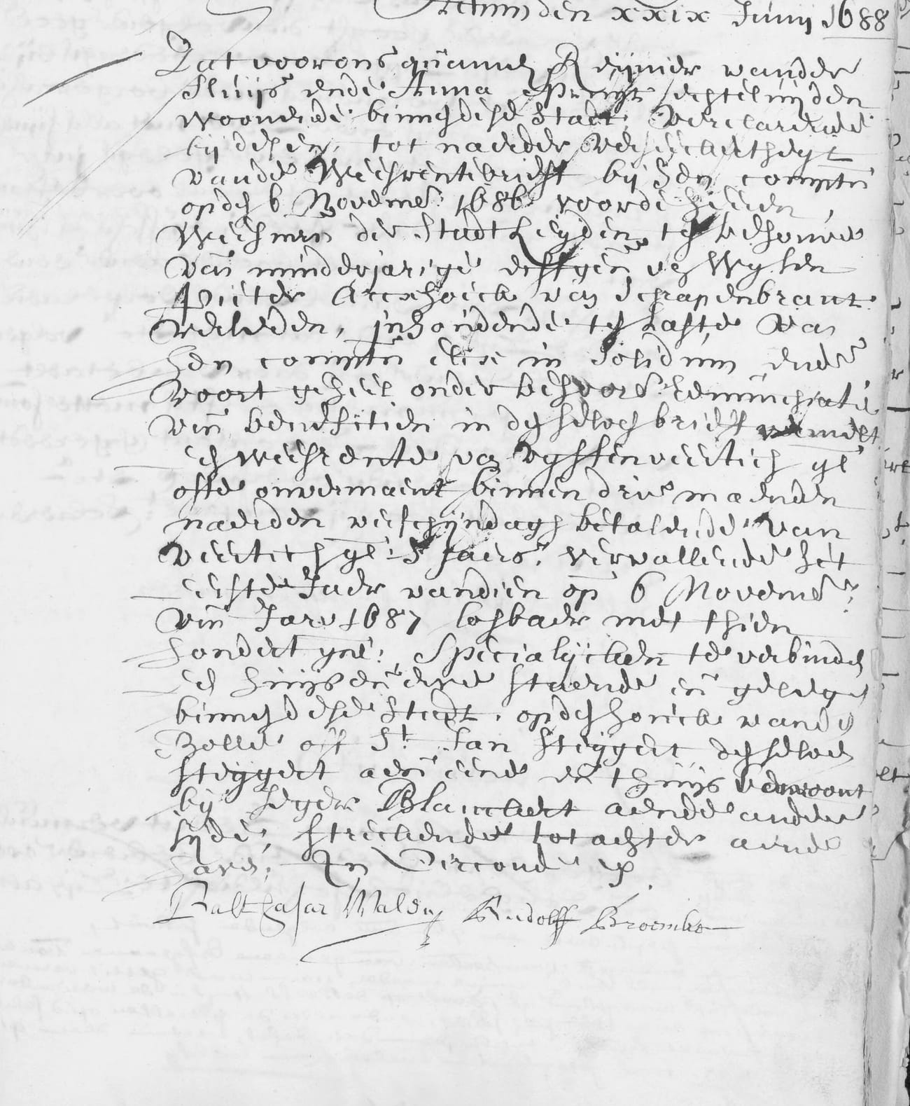 A page of handwriting headed Actum den xxix Junij 1688, beginning with the names Reynier vander Sluys and Anna Spruyt, and signed at the foot by two aldermen