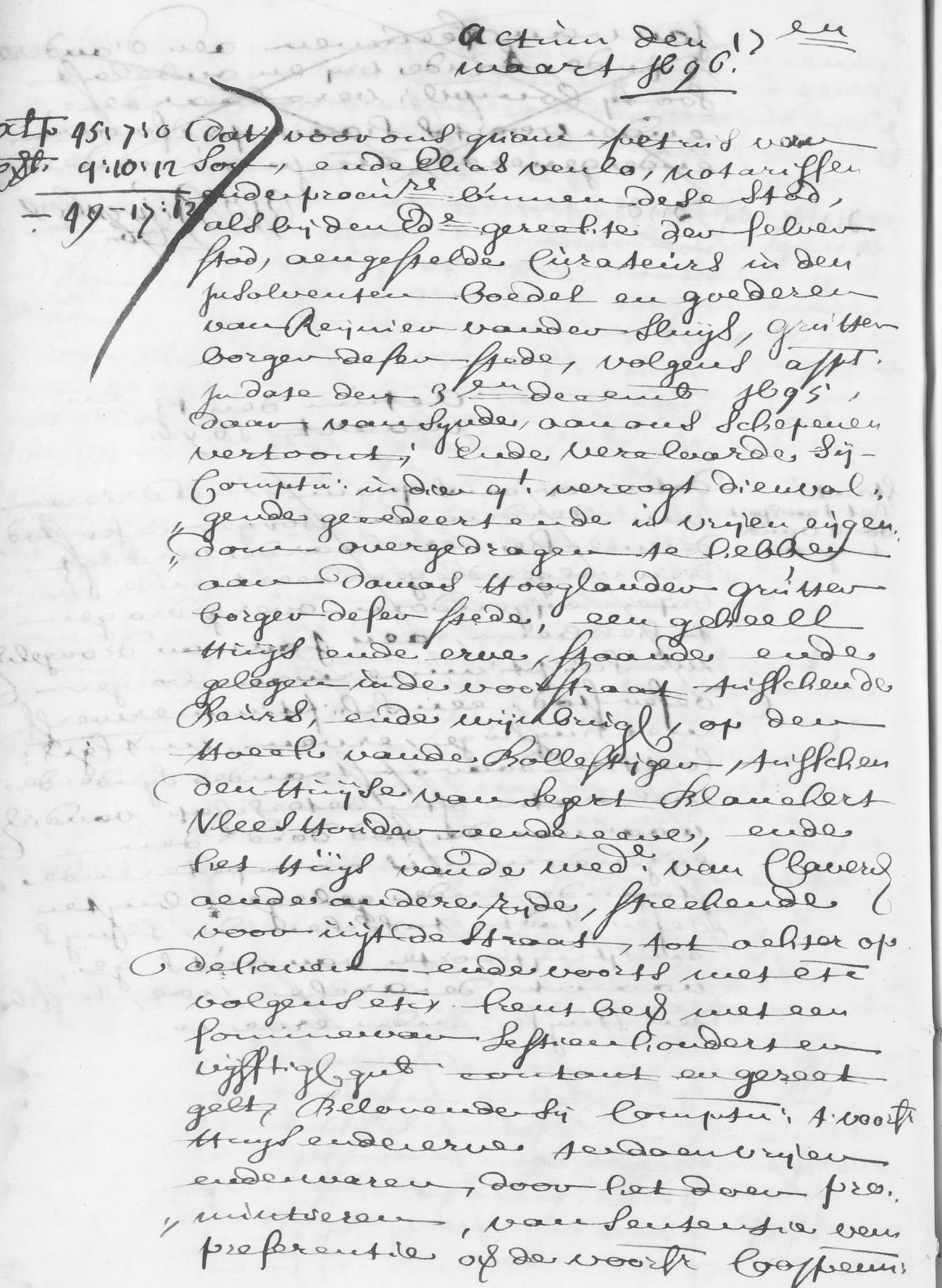 A page of handwriting headed Actum den 17en maert 1696, with tax figures in the left margin; the name Reynier vander Sluys appears in the seventh line and Damas Hooglander further down