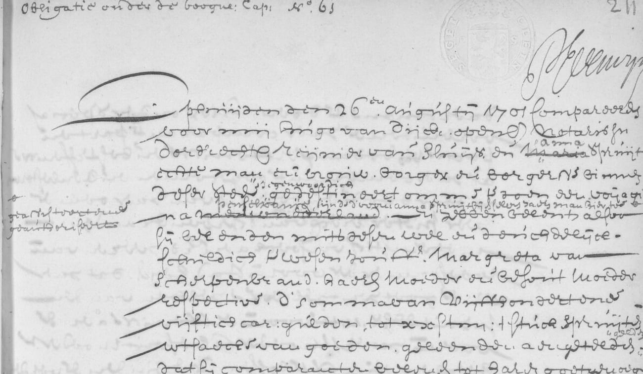 The head of a notarial bond headed Obligatie, No. 61, dated 26 August 1701