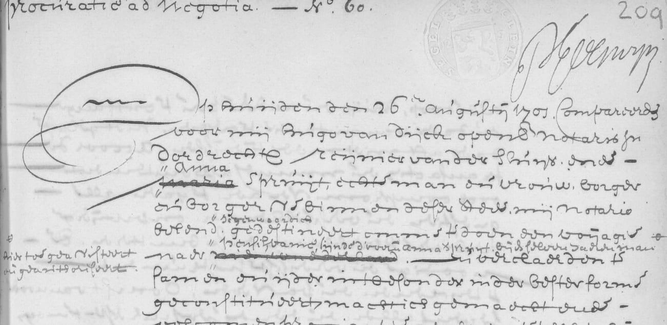 The head of a notarial act headed Procuratie ad negotia, No. 60, dated 26 August 1701, with a word inserted above the line