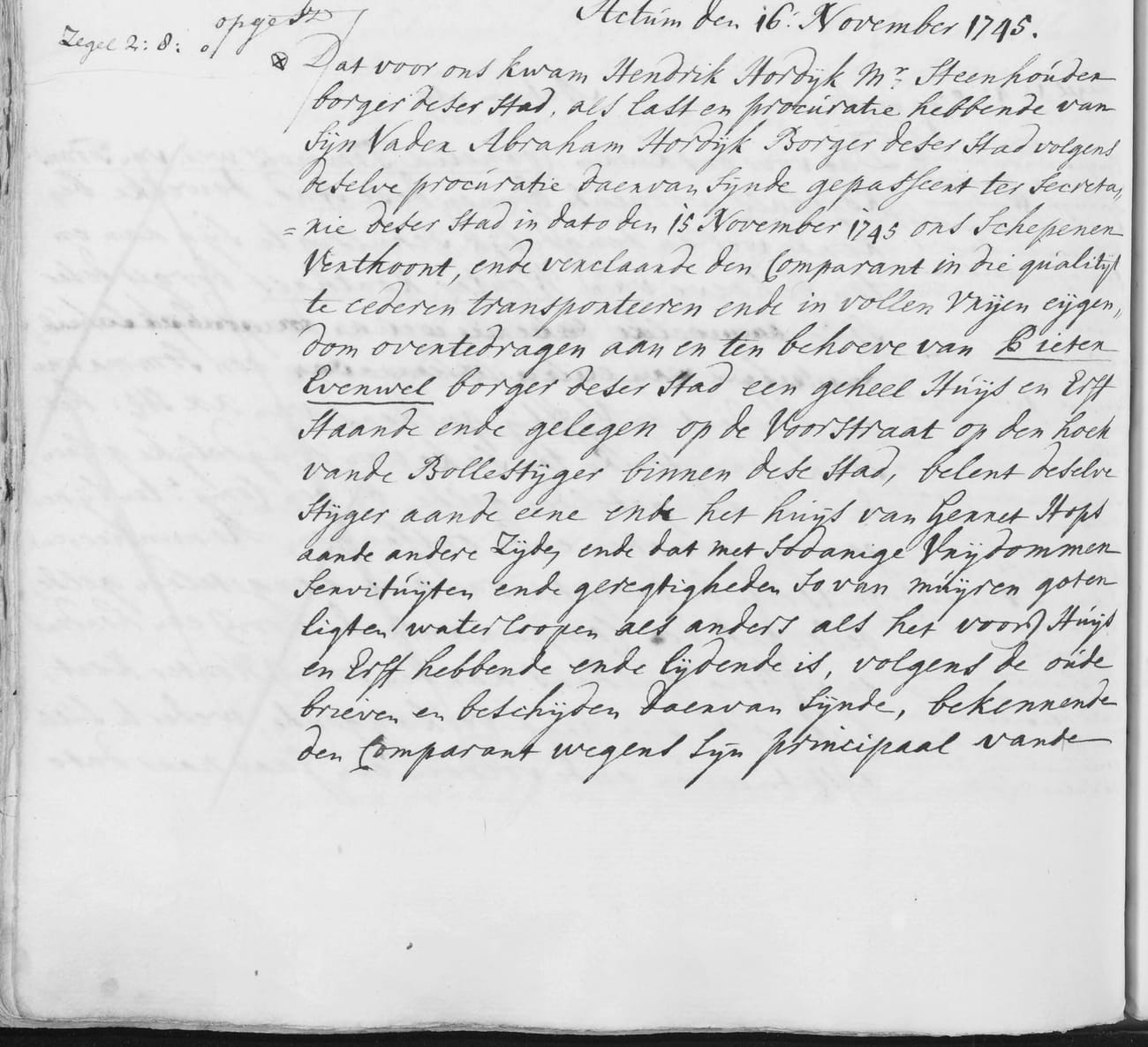 A page of eighteenth-century handwriting headed Actum den 16 November 1745, naming Hendrik Hordijk, his father Abraham Hordijk, and the buyer Pieter Evenwel