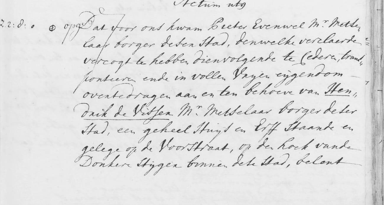 A passage of handwriting headed Actum ut supra, naming Pieter Evenwel, master mason, and the buyer Hendrik de Visser, master mason