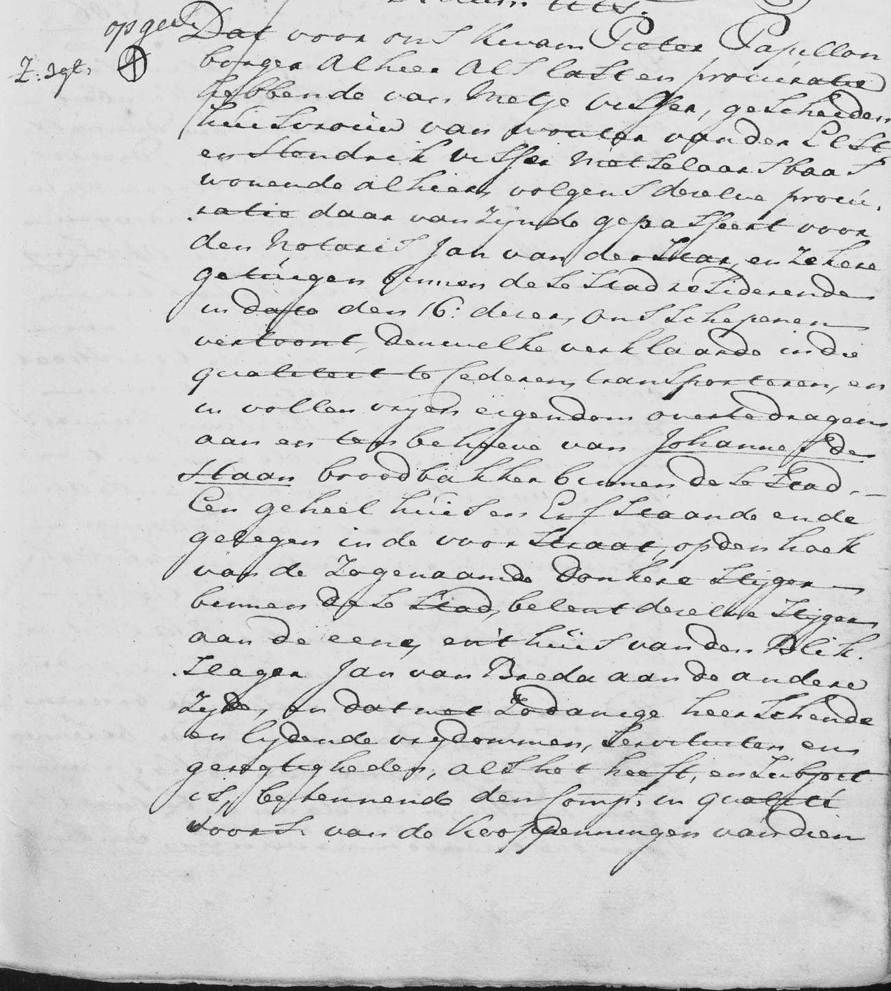 A page of handwriting beginning with Pieter Papillon acting for Metje Visser and Hendrik Visser, master mason, selling to Johannes de Haan, bread baker