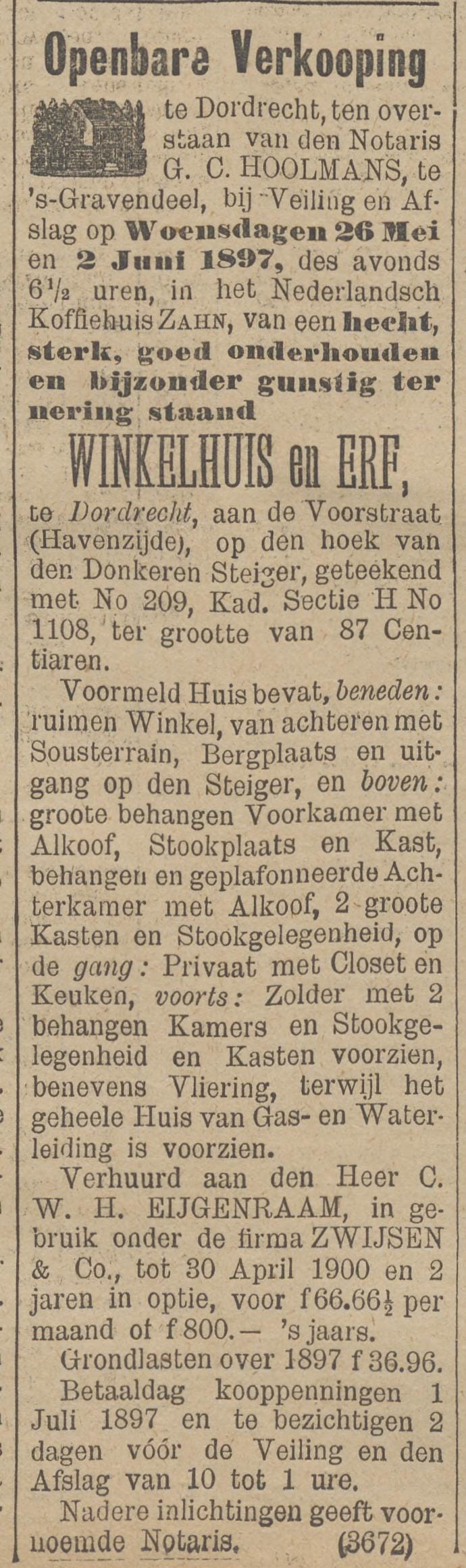 A narrow column of a nineteenth-century newspaper headed Openbare Verkooping, advertising the auction of a Winkelhuis en Erf at Dordrecht on the Voorstraat, on the corner of the Donkeren Steiger, numbered 209, cadastral section H number 1108