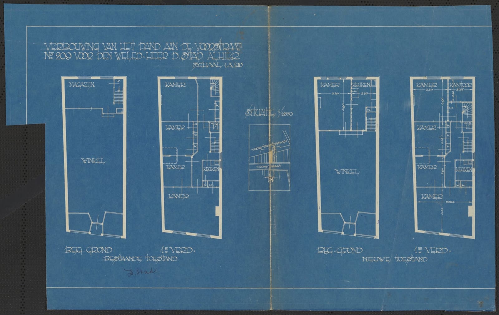 A blueprint titled Verbouwing van het pand aan de Voorstraat No 209 voor den WelEd. Heer D. Stad alhier, showing four long narrow floor plans: ground floor and first floor as existing, and as new, with a small site plan in the middle