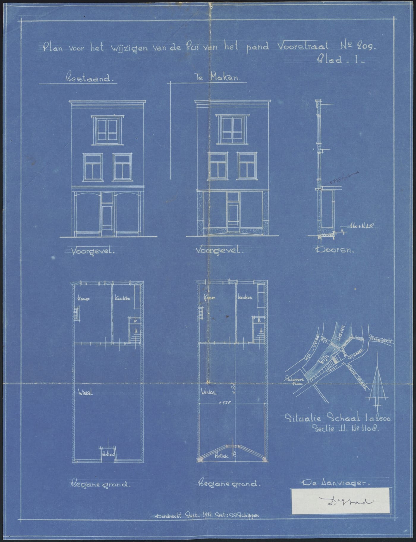 A blueprint titled Plan voor het wijzigen van de Pui van het pand Voorstraat No 209, with elevations of the front as existing and as proposed, a section, two ground-floor plans and a site plan marked Sectie H No 1108