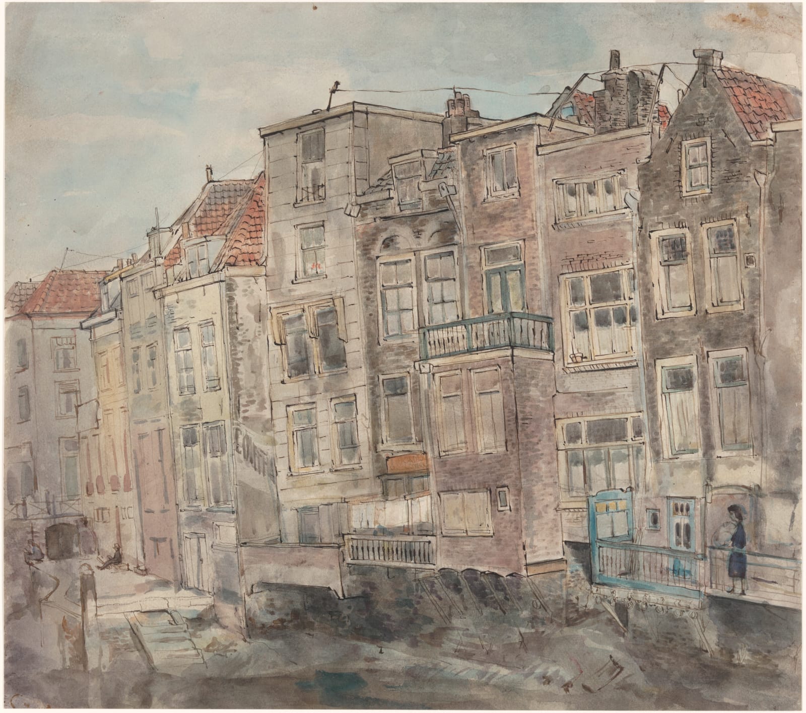 Coloured pen drawing of the backs of tall narrow houses rising from the harbour, with balconies, red tiled roofs and chimneys, a flight of steps coming up out of the water at the left and a woman on a balcony at the right
