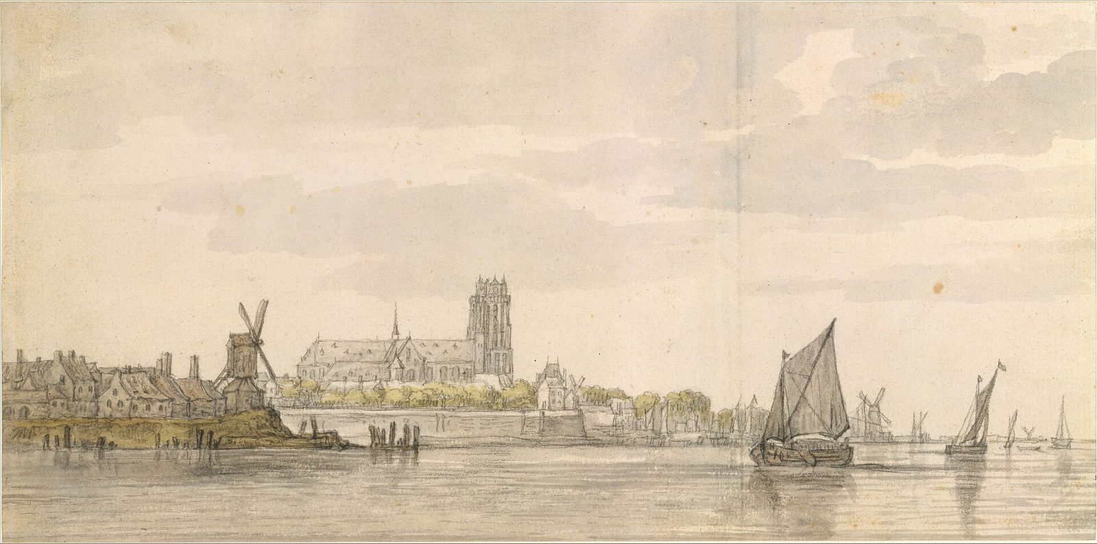 A drawing of Dordrecht seen across the river, with the great square tower and long roof of the Grote Kerk above the houses, a windmill on the left and sailing boats on the water