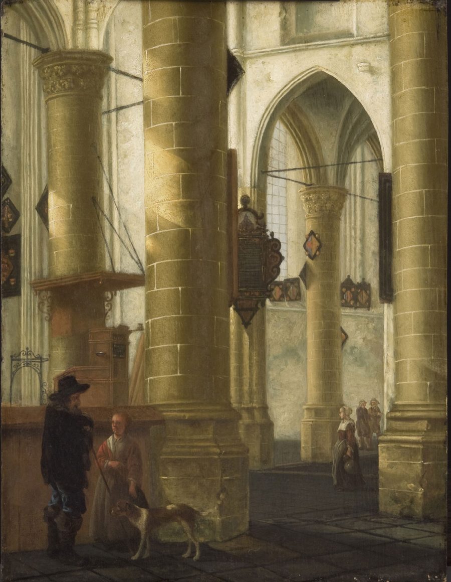 Painting of the tall whitewashed interior of the Grote Kerk, with massive round columns, a pulpit and memorial boards, and a couple with a dog in the foreground