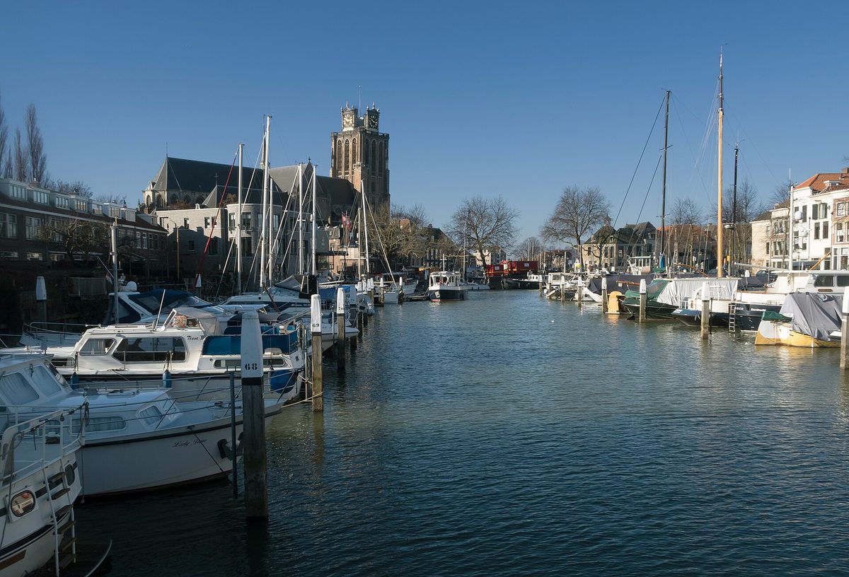The Grote Kerk of Dordrecht today, its tower and roof rising behind a harbour full of moored boats