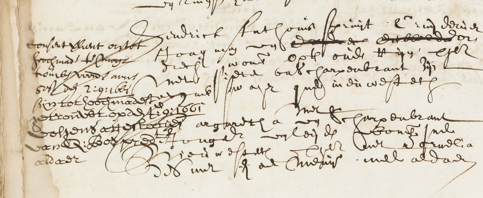 A register entry from 1661 in crowded seventeenth-century handwriting, with a column of notes in the left margin