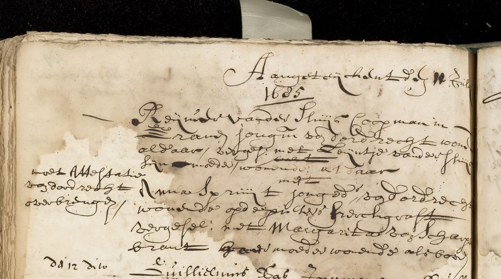 The 1685 Leiden marriage-intentions entry for Reijnier vander Sluijs and Anna Spruijt