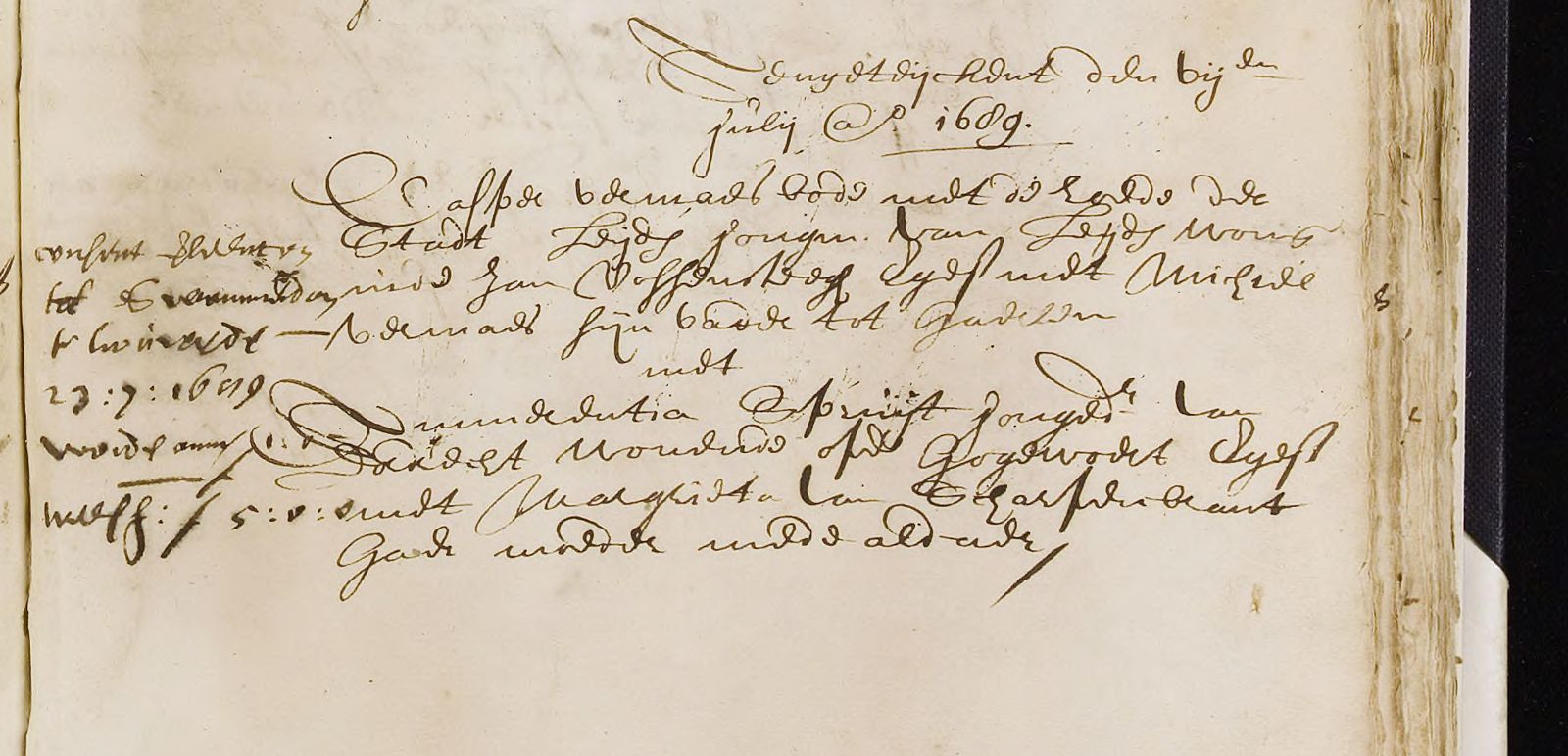 A register entry headed July 1689, with notes in the left margin including the date 23:7:1689