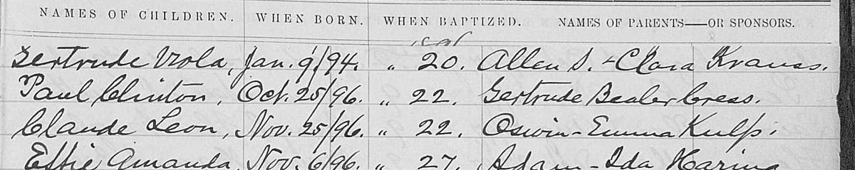 Red Hill baptism register, 1896: Paul Clinton, born October 25, 1896, parents Gertrude Bealer–Cress