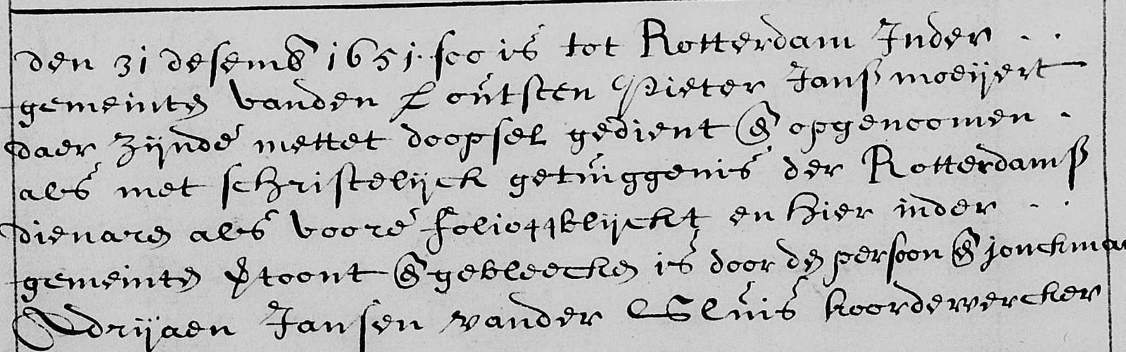 A handwritten register entry ending with the name Adrijaen Jansen vander Sluis, koordewercker