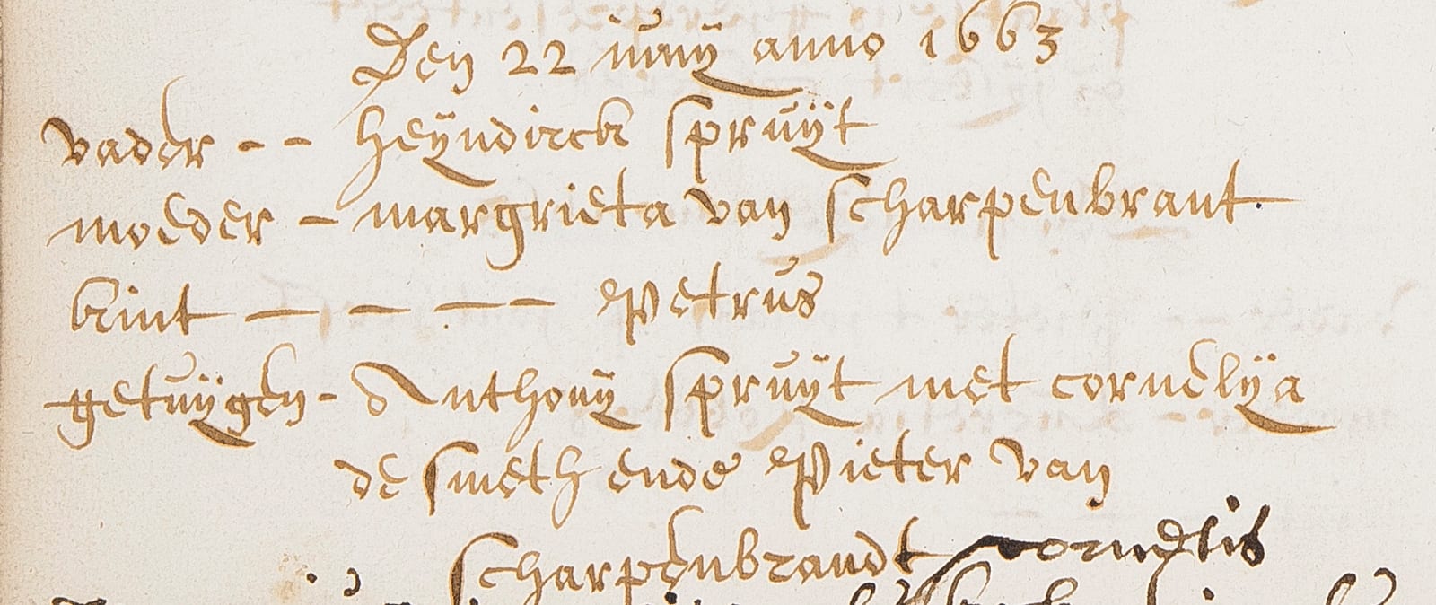 Baptism entry dated 22 June 1663 with labelled lines for father, mother, child and witnesses; the witnesses run onto three lines