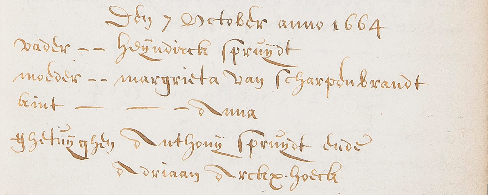 Baptism entry in clear seventeenth-century handwriting, dated 7 October 1664, with labelled lines for father, mother, child and witnesses