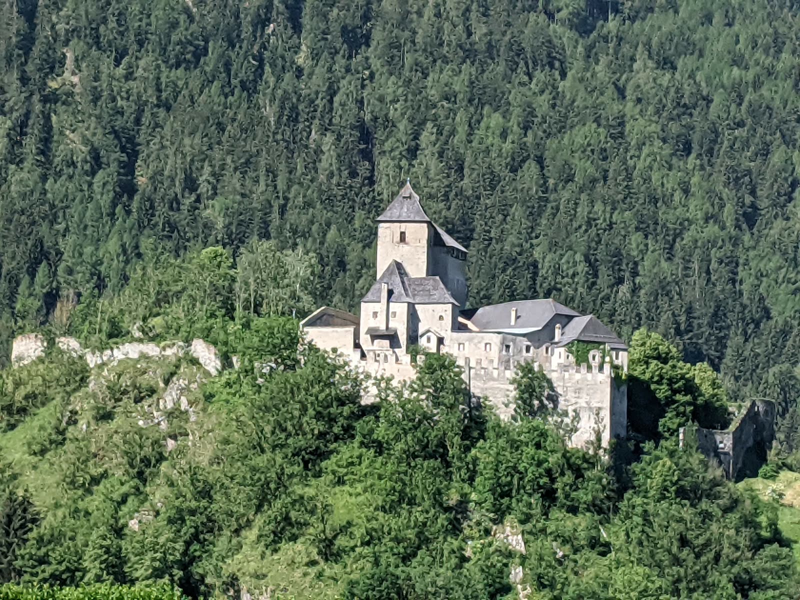 Medieval castle with a square keep and battlemented curtain wall on a rocky knoll surrounded by dense spruce forest