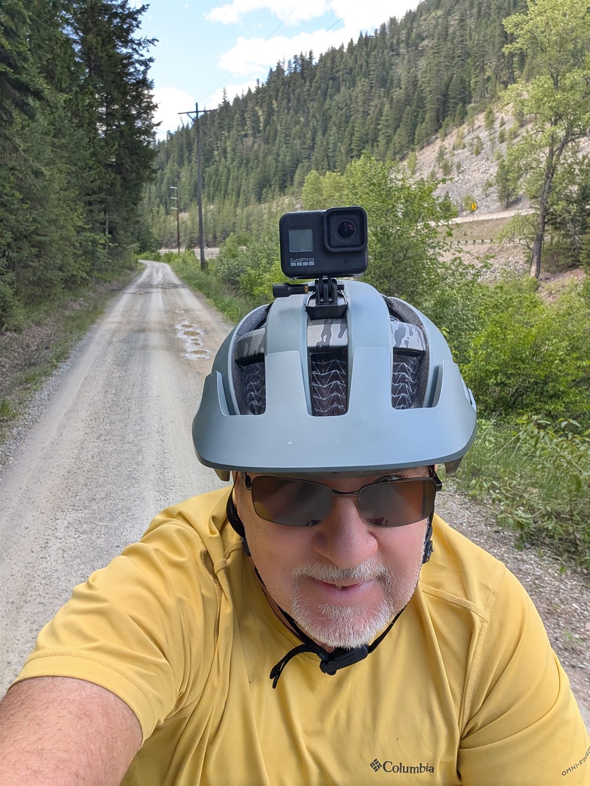 Selfie cruising the Route of the Olympian with a GoPro on the helmet